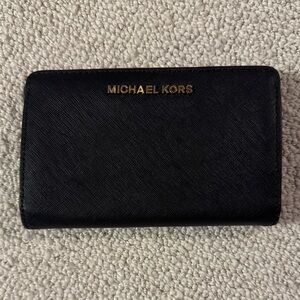 Michael Kors Black Leather Zip Clutch with Gold Logo